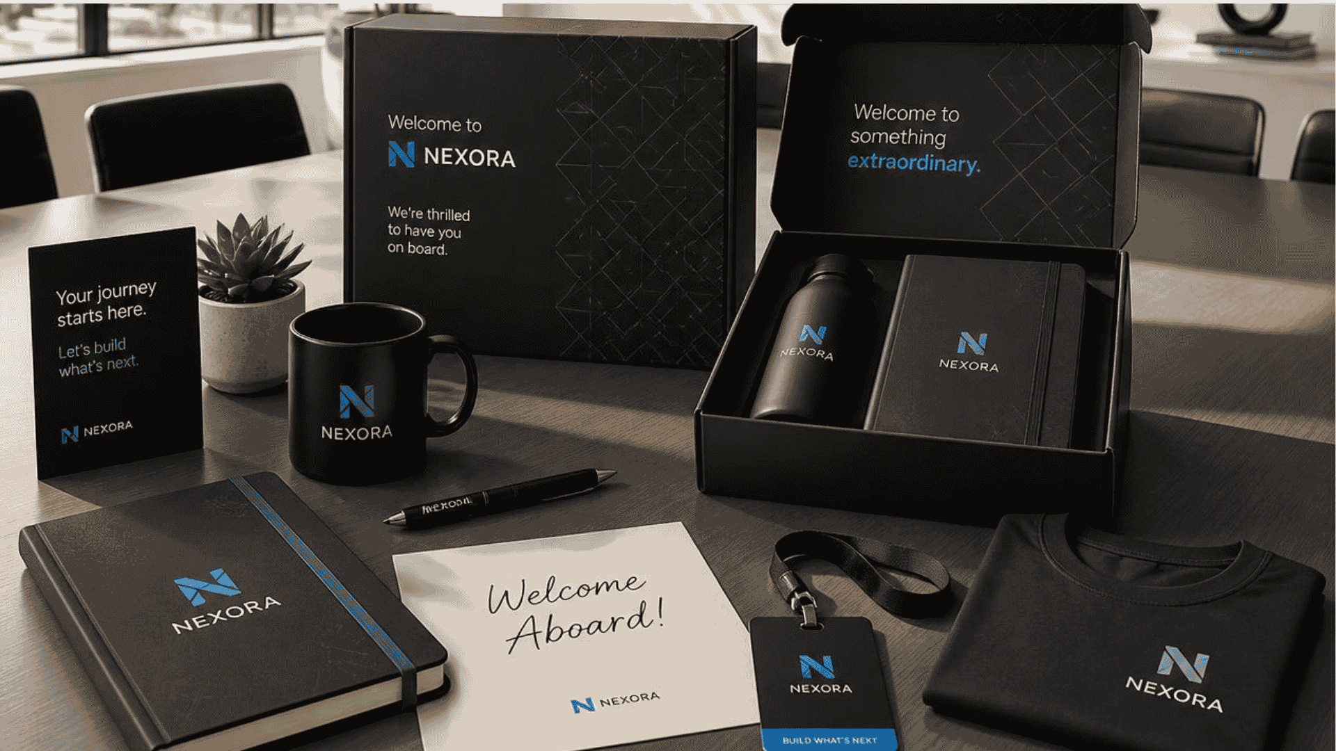 Kits de bienvenida corporativos personalizados se documentan en video como parte del onboarding de nuevas marcas.